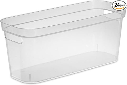 Sterilite 6.25x6.25x15 Inch Narrow Modern Storage Bin w/Comfortable Carry Through Handles and Banded Rim for Household Organization, Clear (24 Pack)