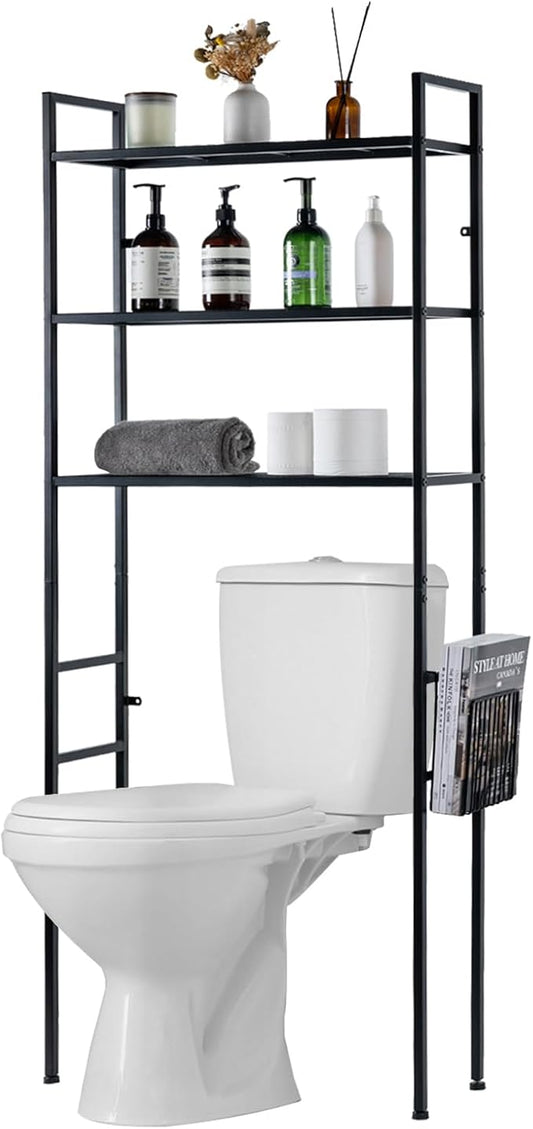 MyGift 3 Tier Over The Toilet Storage, Freestanding Bathroom Organizer Shelf, Above Toilet Rack with Removable Magazine Holder Basket, Black Metal Cabinet for Laundry Space Saver, 26.4x7.8x63.6 Inch
