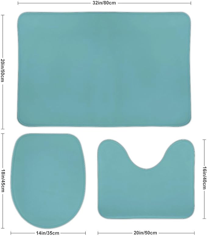 3 Pieces Bath Rug Sets, Retro Blue Trend Color Bathroom Mat Set Non Slip U Shaped Contour Rug & Toilet Lid Cover
