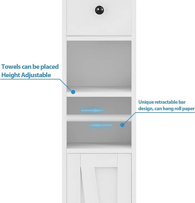 Tall Bathroom Storage Cabinet with Adjustable Shelves, Narrow Storage Cabinet with 2 Doors, Drawer, Toilet Paper Holder, Slim Storage Cabinet for Small Space, Kitchen, Laundry, Entryway, White