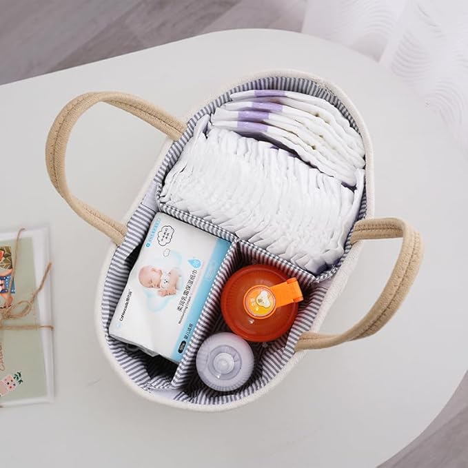 Diaper Caddy Organizer, Large Cotton Rope Nursery Basket, Changing Table Baby Diaper Storage Portable Car Organizer with Removable Divider