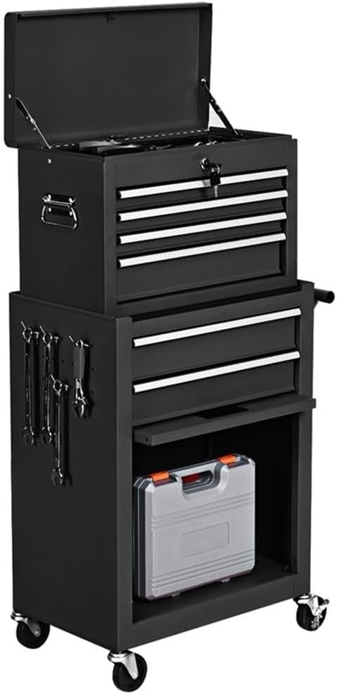 Pemberly Row Rolling Cabinet Storage Chest Organizer, Steel Construction, Black Powder-Coated Finish, 6 Drawers with Lockable Compartments, Swivel Casters with Brakes, Tool Storage for Garages and