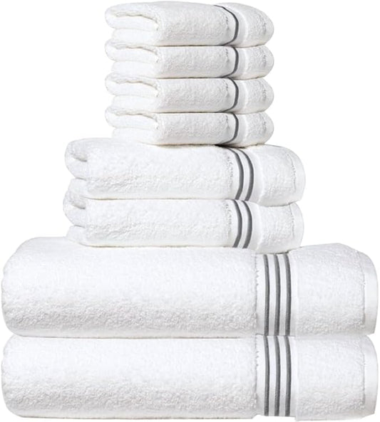 8-Piece Premium Towel Set, 2 Bath Towels, 2 Hand Towels, and 4 Wash Cloths, 100% Ring Spun Cotton Highly Absorbent Towels for Bathroom, Gym, Hotel, and Spa