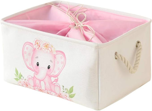 INough Pink Basket Elephant Storage Bins for Kids, Gift Box for Baby,Collapsible Storage Basket for Toys Clothes,Fabric Laundry Baskets for Baby/Kids/Nursery Room (Medium, Pink Elephant)