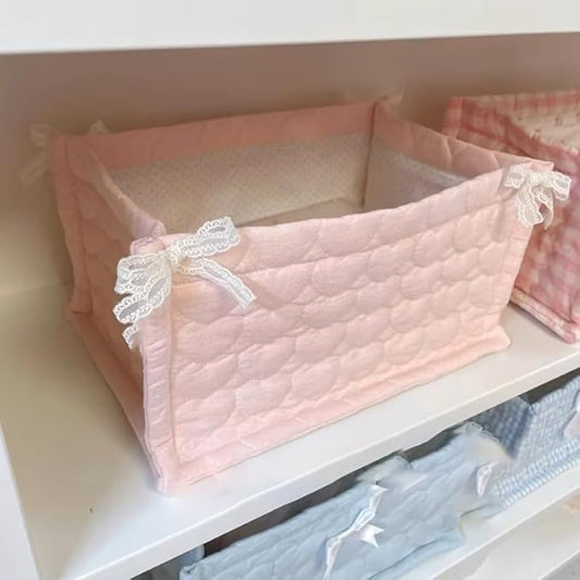 Cute Storage Basket Fabric Toy Organizer-Bow Preppy Desktop Storage Box Quilted Folding Storage for Gifts Home Decoration