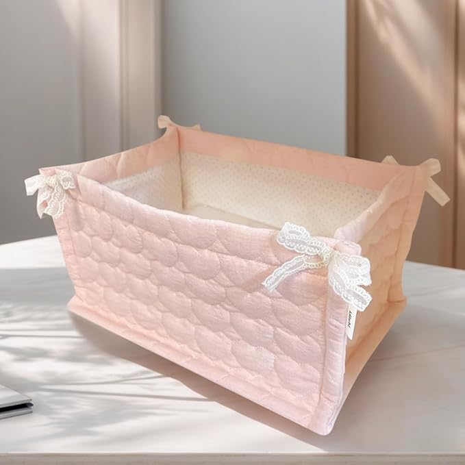 Cute Storage Basket Fabric Toy Organizer-Bow Preppy Desktop Storage Box Quilted Folding Storage for Gifts Home Decoration