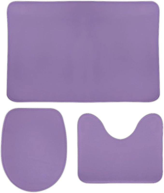 3 Pieces Bath Rug Sets, Purple Lavender Trend Color Bathroom Mat Set Non Slip U Shaped Contour Rug & Toilet Lid Cover