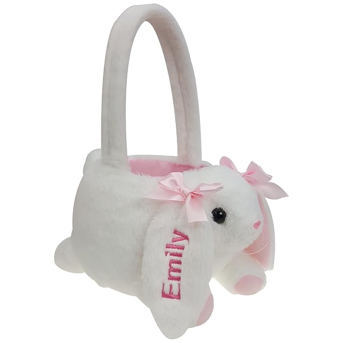 DearSun Exquisite Embroidery ! Personalized Easter Egg Hunting Basket 3D Plush Bunny Basket Candy Gift Bucket with Embroidery Name (White Plush Bunny Basket)