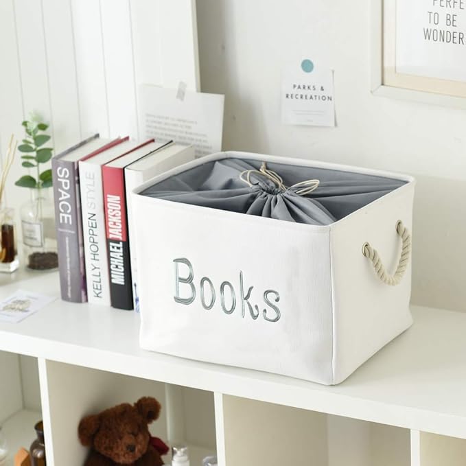 INough Book Basket for Kids Room, Book Storage Basket Book Organizer for Nursery Room Classroom Library Book Storage Box Collapsible Book Bins with Drawstring Closure for Cartoon Book Reading