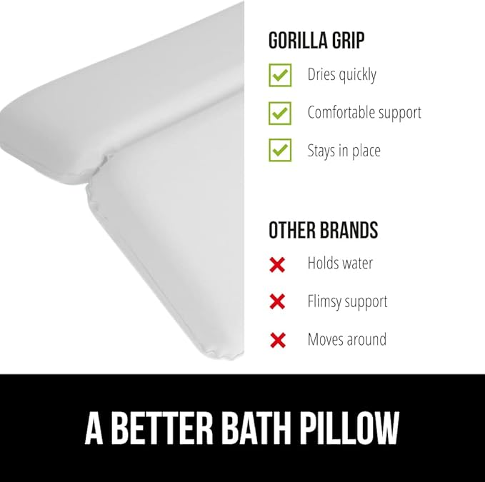GORILLA GRIP Bath Pillow for Tub, Strong Suction Cups, Luxury Bathtub Pillows, Headrest Neck and Back Support, Relaxing Hot Tub and Home Spa Accessories, Bathroom Essentials, Gifts for Women, XL White