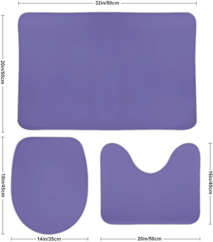3 Pieces Bath Rug Sets, Modern Big Family Solid Periwinkle Blue Bathroom Mat Set Non Slip U Shaped Contour Rug & Toilet Lid Cover