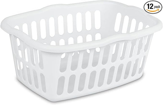 Sterilite 12-Pack Rectangular Laundry Basket, Plastic Clothes Hamper, 1.5 Bushel, White - Dirty Clothing Storage Organizer with Handles for Bedroom, Bathroom, and Closet