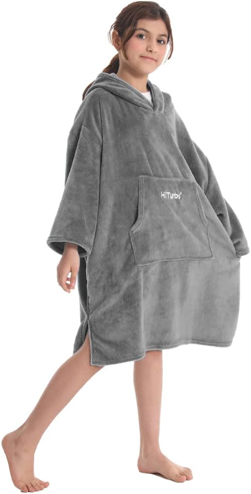 Hiturbo Kids Towel Changing Robe: Soft Plush Wearable Blanket - Warm Coral Fleece Hoodie - Swim Surf Poncho for 5-12 Years (Gray)
