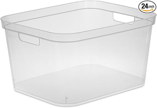 Sterilite 8.25x12.25x15 Inch Modern Polished Storage Bin w/Comfortable Carry Through Handles & Banded Rim for Household Organization, Clear (24 Pack)