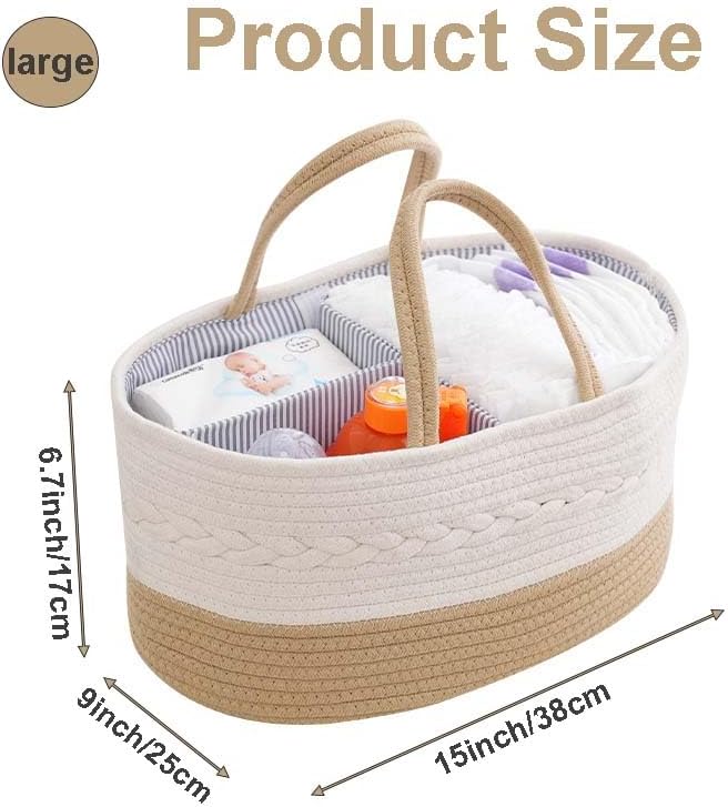 Diaper Caddy Organizer, Large Cotton Rope Nursery Basket, Changing Table Baby Diaper Storage Portable Car Organizer with Removable Divider