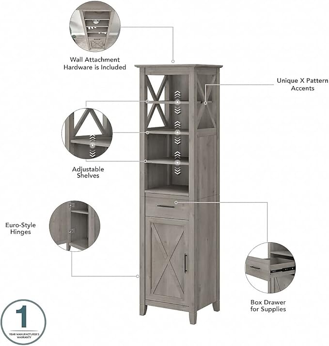 Bush Furniture Key West Tall Linen Cabinet and Over The Toilet Storage Cabinet in Driftwood Gray