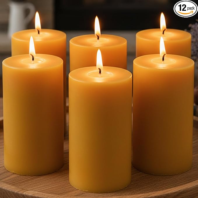 12 Pack Beeswax Pillar Candles, 420 Hours Long Burning Beeswax Candles for Christmas Decor, Unscented Bees Wax Candles Bulk for Home Paryer Party, Smokeless, Dripless