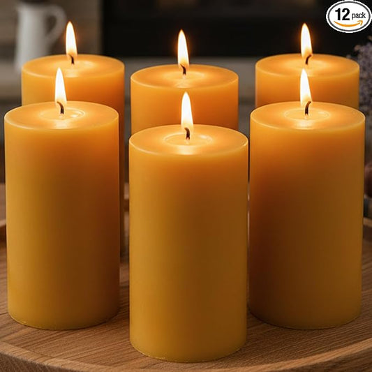 12 Pack Beeswax Pillar Candles, 420 Hours Long Burning Beeswax Candles for Christmas Decor, Unscented Bees Wax Candles Bulk for Home Paryer Party, Smokeless, Dripless