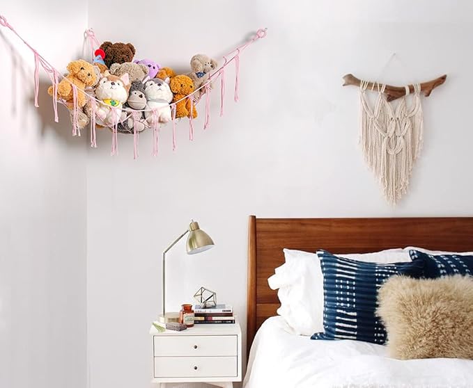 Stuffed Animals Hammock Corner Hanging Net for Macrame Stuffed Animal Storage Plush Toy Holder Toy Organizer for Boho Nursery Playroom Bedroom Kids Room Decor (light pink, Large)