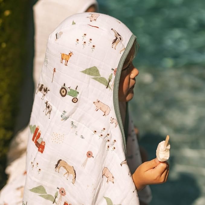 Little Unicorn Hooded Bath Towel | Absorbent Cotton & Terry Blend | Larger Size for Baby & Toddlers, 1-6 Years (Farmyard)