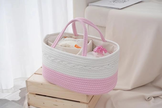 Cotton Rope Diaper Caddy Organizer, Nursery Storage Bin and Car Organizer for Diapers and Baby Wipes,Changing Table Baby Diaper Storage For Baby Shower & New Mums