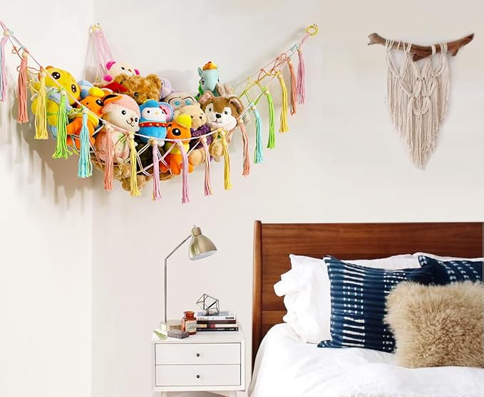 Stuffed Animals Hammock Corner Hanging Net with Wooden Beads Macrame Stuffed Animal Storage Ideas Plush Holder Toy Organizer for Boho Nursery Playroom Bedroom Kids Room Decor (Colorful, X-Large)