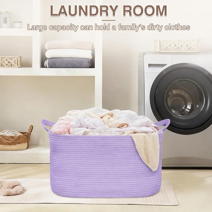 YOUDENOVA Nursery Storage Basket，21.6''×14.9''×11.8'' Rectangle Cotton Rope Blanket Basket, Nursery Laundry Hamper for Organizing，Toy Basket for Living Room, Bedroom