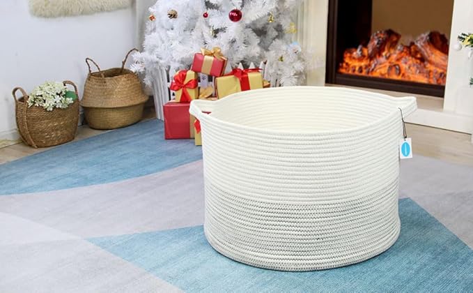 Casaphoria XXXLarge Cotton Rope Basket 21.7" x 21.7" x 13.8" Woven Laundry Basket for Blankets Storage Basket with Handle Comforter Cushions Storage Bins Thread Hamper-Black Stitch, White (MB2021039)
