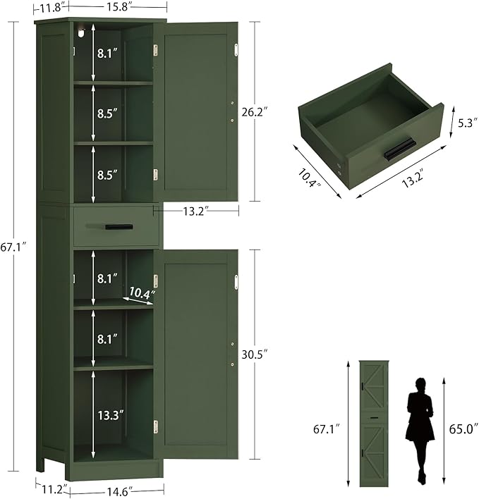 WEENFON Tall Bathroom Cabinet, Storage Cabinet with 6 Shelves & Drawer, Bathroom Storage Cabinet with Adjustable Shelves, Tall Cabinet for Living Room, Home Office, Forset Green