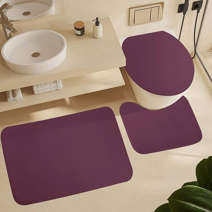 3 Pieces Bath Rug Sets, Plum Purple Color Bathroom Mat Set Non Slip U Shaped Contour Rug & Toilet Lid Cover