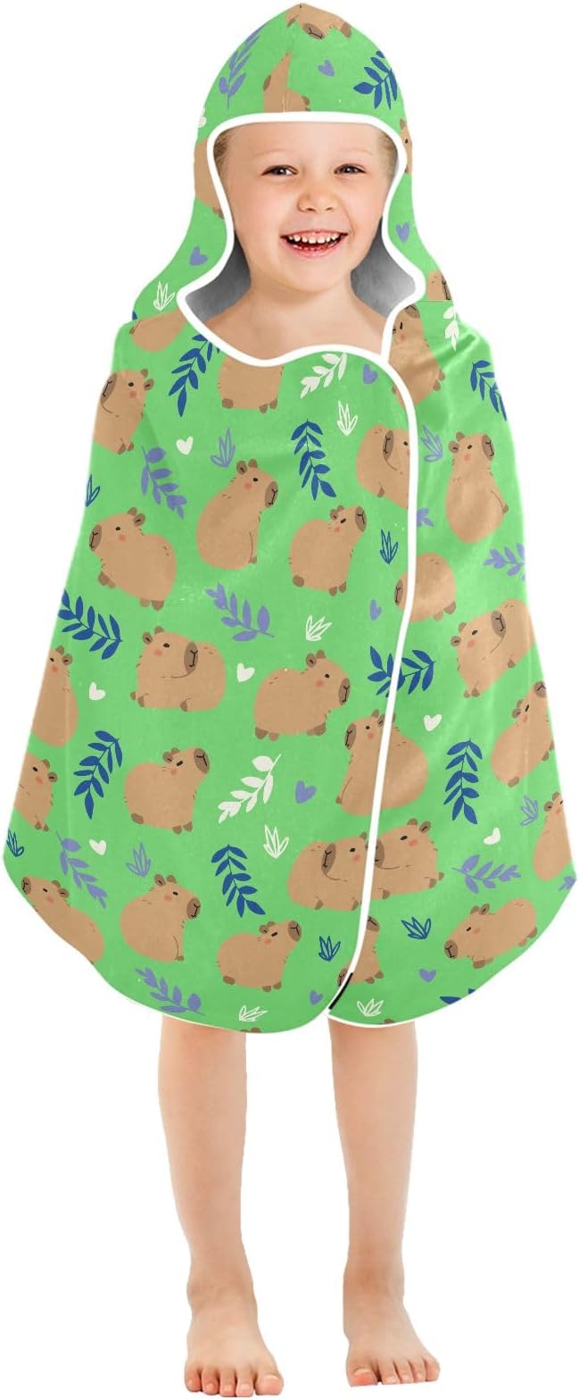 Green Cute Capybara Hooded Beach Towel for Kids, Kids Bath Hooded Towels for Boys Girls, Super Soft Absorbent Bathrobe with Hood for Swin Pool 50"x23.5"