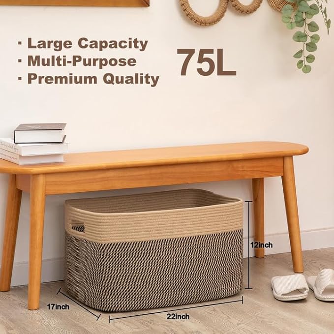 75L Large Blanket Basket, Toy Basket Bin for Kids, Cotton Rope Woven Storage Basket for Living Room, Bedroom, Nursery, Baby Room Decorative Organizer, 22''×17''×12'', Brown & Black