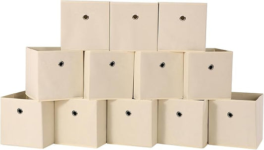 Foldable Storage Cubes Bins ,11 Inch Cloth Storage Cube Fabric Storage Box Cubes Organizer Baskets with Dual Handles for Home Organizer Set of 12 (Creamy-White)