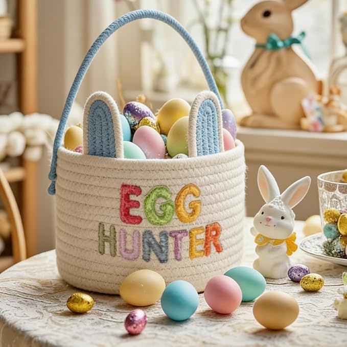 Easter Basket, Soft & Durable Easter Bunny Basket with 10 Pack Eggs, Woven Cotton Rope Egg Baskets