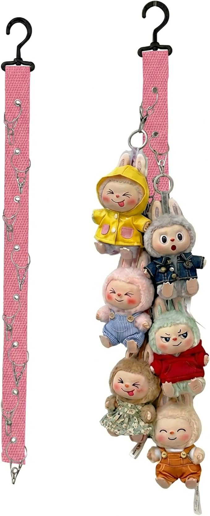 Plush Doll Hanging Storage Rope Display Rack with 8 Clips – Wall Hanging Organizer for Keychain Plushies, Mini Toys– Holds up to 3kg (Pink)