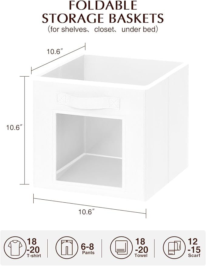 Storage Cube 11 Inch - Cube Storage Bins with Window, Closet Storage Baskets with Handle, Fabric Bins for Closet, Shelves, Toys, Clothes, Set of 8, White