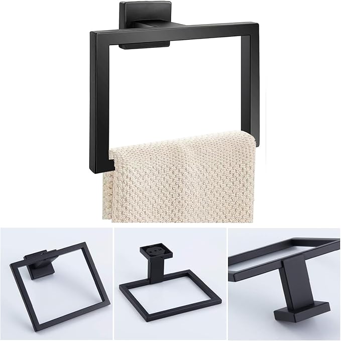 2-Piece Towel Ring - Thicken SUS 304 Stainless Steel Towel Holder, Towel Racks for Bathroom, Square Modern Design Hand Towel Holder, Contemporary Hand Towel Bar - Matte Black