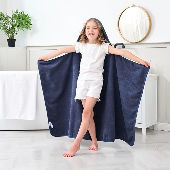 Hiturbo Kids Hooded Bath Towel: 100% Cotton Soft Thick Absorbent Towels Wrap - 50"x30" Shower Beach Pool Wearable Blanket for 3-12 Yrs Boys Girls - Navy