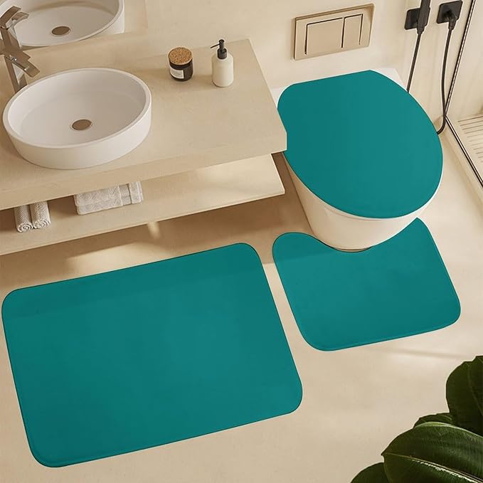 3 Pieces Bath Rug Sets, Teal Blue Trend Color Bathroom Mat Set Non Slip U Shaped Contour Rug & Toilet Lid Cover