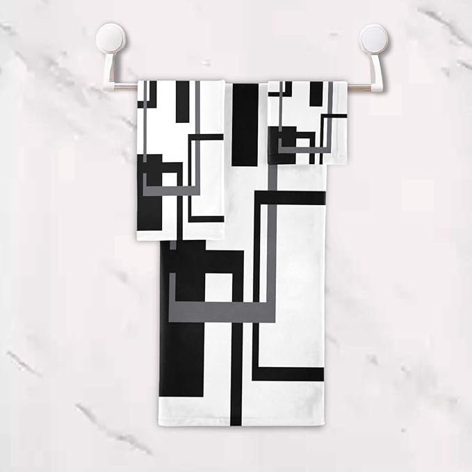 3 Piece Black White Geometric Bath Towels Set,Microfiber Absorbent Abstract Mid Century Gray Towels for Bathroom,1 Bath Towel,1 Hand Towel,1 Washcloth,Modern Decorative Bathroom Towels