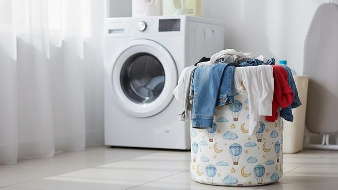 CLOCOR Round Collapsible Flat Storage Basket,Space-Saving Fabric Laundry Hamper for Clothes,Nursery Hamper,Gift Basket(Blue Balloon)