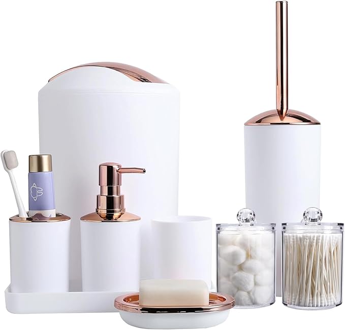9 Pieces White Bathroom Accessories Set Gorgeous Gold Bathroom Set, Trash Can, Toilet Brush, Soap Dispenser, Toothbrush Holder, Soap Dish, Tumber, Qtip Holder, Tray, Sink Countertop Set
