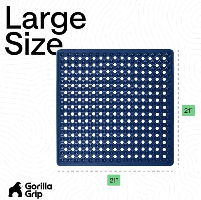 GORILLA GRIP Patented Square Shower Stall Mat, Small Bathtub Floor Mats for Stand Up Showers, Suction Cups and Drainage Holes, Machine Wash, Soft on Feet, Bathroom Accessories 21x21 Inch, Navy Blue