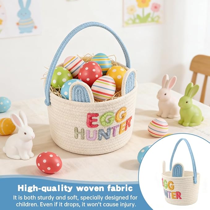 Easter Basket, Soft & Durable Easter Bunny Basket with 10 Pack Eggs, Woven Cotton Rope Egg Baskets