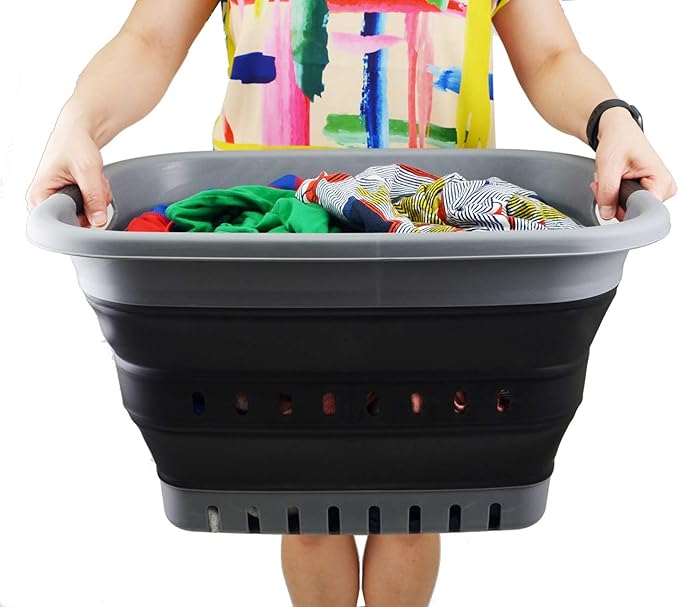 1 CASE of SAMMART 37L (9.77 gallon) Collapsible Plastic Laundry Basket - Foldable Pop Up Storage Container/Organizer - Space Saving Hamper/Basket (11, Grey/Black)