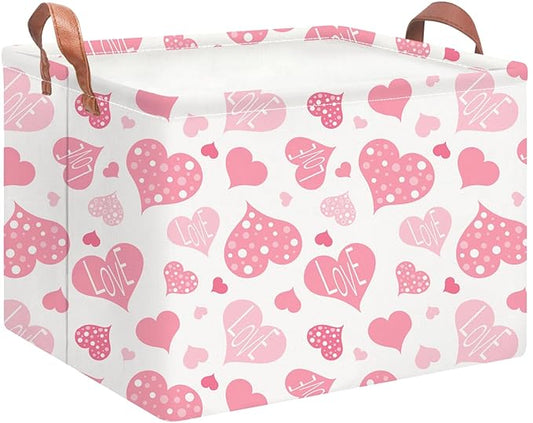 Rectangular Pink Gift Basket Empty,Fabric Storage Basket with Handles,Books Box,Lovely Storage Bin,Room Decor,Gift Basket (Polka Dot Heart)