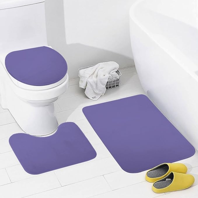 3 Pieces Bath Rug Sets, Modern Big Family Solid Periwinkle Blue Bathroom Mat Set Non Slip U Shaped Contour Rug & Toilet Lid Cover
