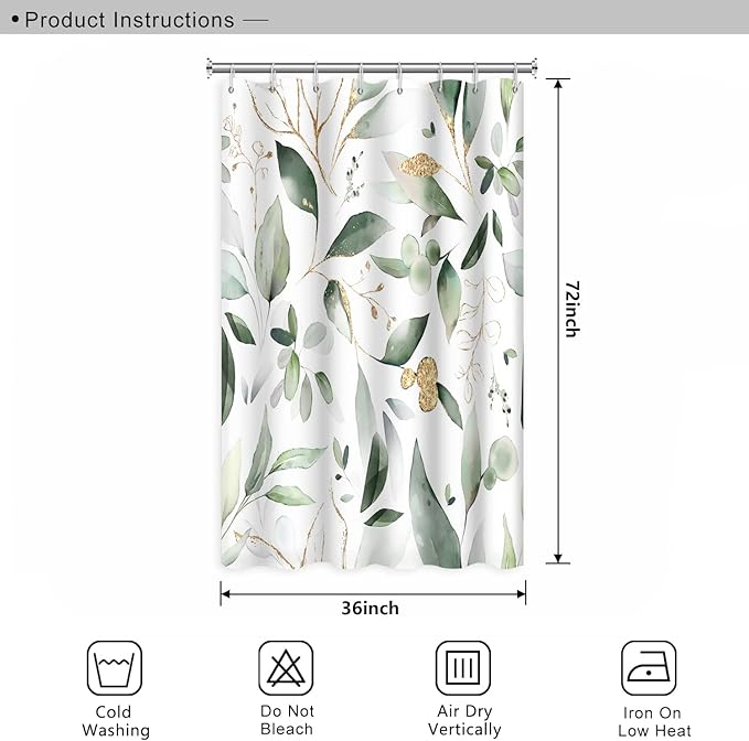Abstract Eucalyptus Leaves Shower Curtains Sage Green Gold Branches Leaf Nature for Bathroom Farmhouse Style Home Decor Waterproof Polyester Fabric Shower Curtain with Hooks, 36x72 Inch