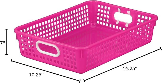 Really Good Stuff Multi-Purpose Small Desktop Paper Storage Baskets, 14" x 10" x 3.25", Set of 4, Neon Group Colors, Classroom Organization, Stackable Mesh Plastic Baskets with Grip Handles