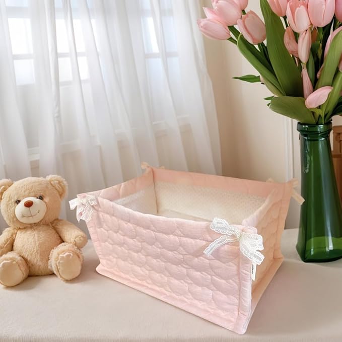 Cute Storage Basket Fabric Toy Organizer-Bow Preppy Desktop Storage Box Quilted Folding Storage for Gifts Home Decoration